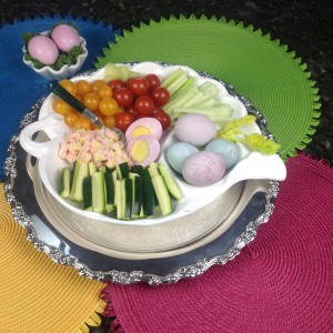 Vegetable Tray With Hard Boiled Eggs Containing Pink Egg Whites & Naturally Colored Eggs